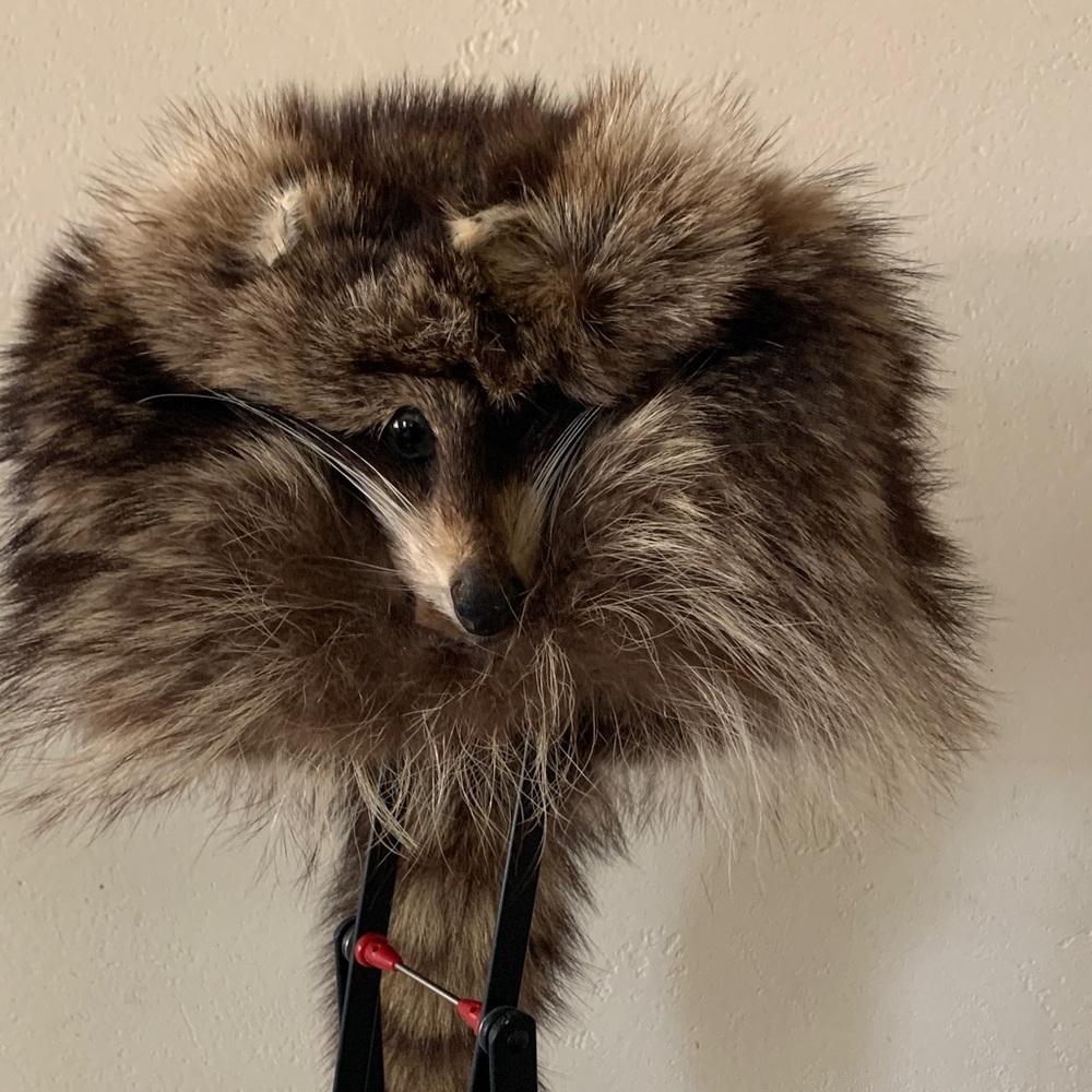 Luxurious Brown Fur Hat with tail and raccoon face